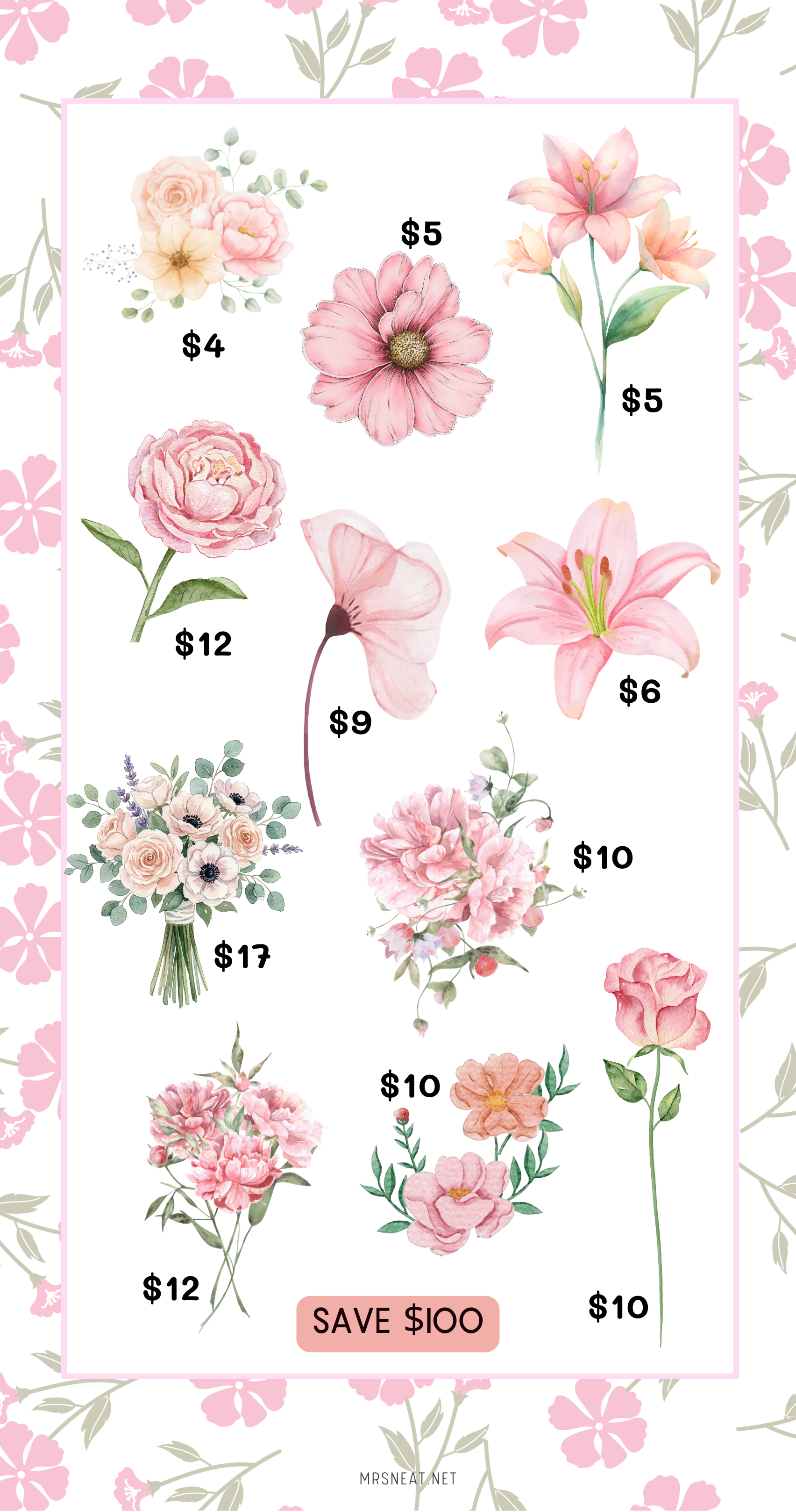 Three plant-themed saving challenge cards with green leaves, pink flowers, and potted plants on a white background.