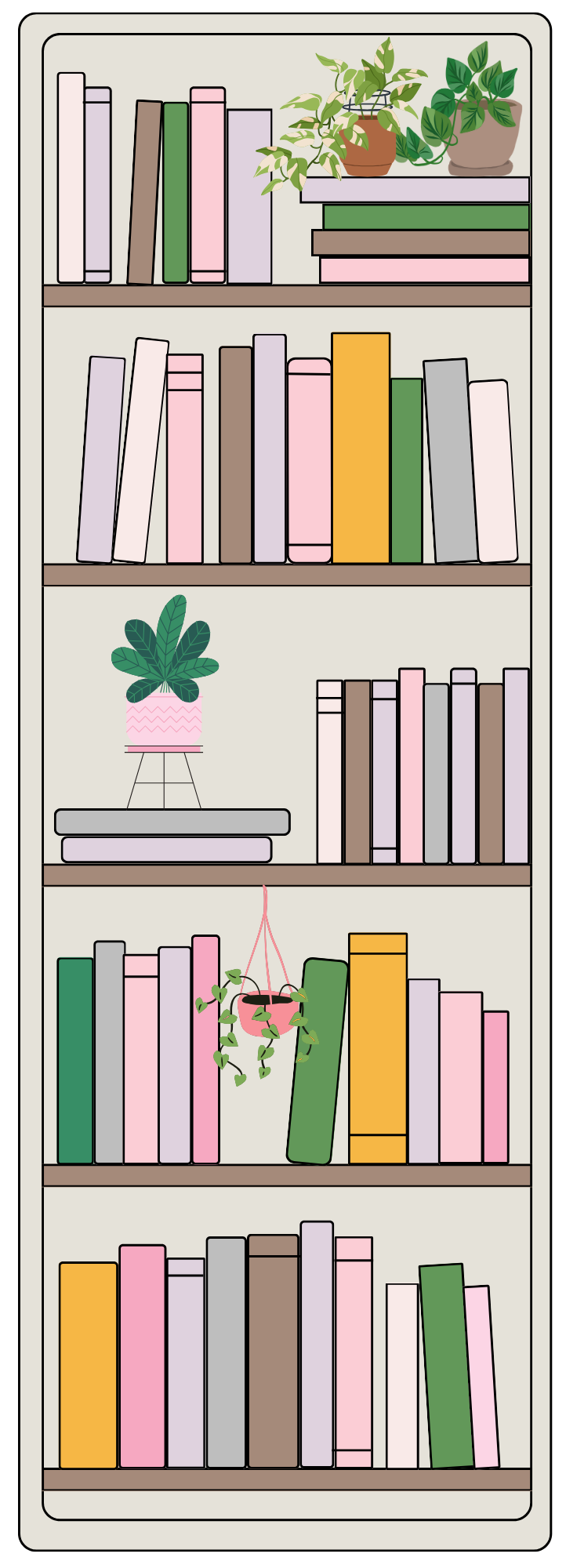 Bookmarks of a bookshelf with books and decorative items
