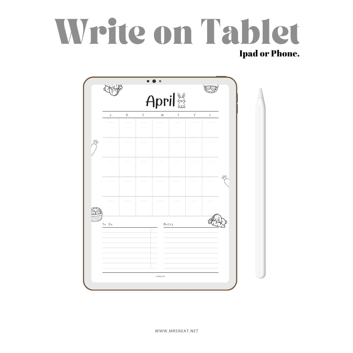 Digital planner app interface on a tablet with 'Write on Tablet' text above.