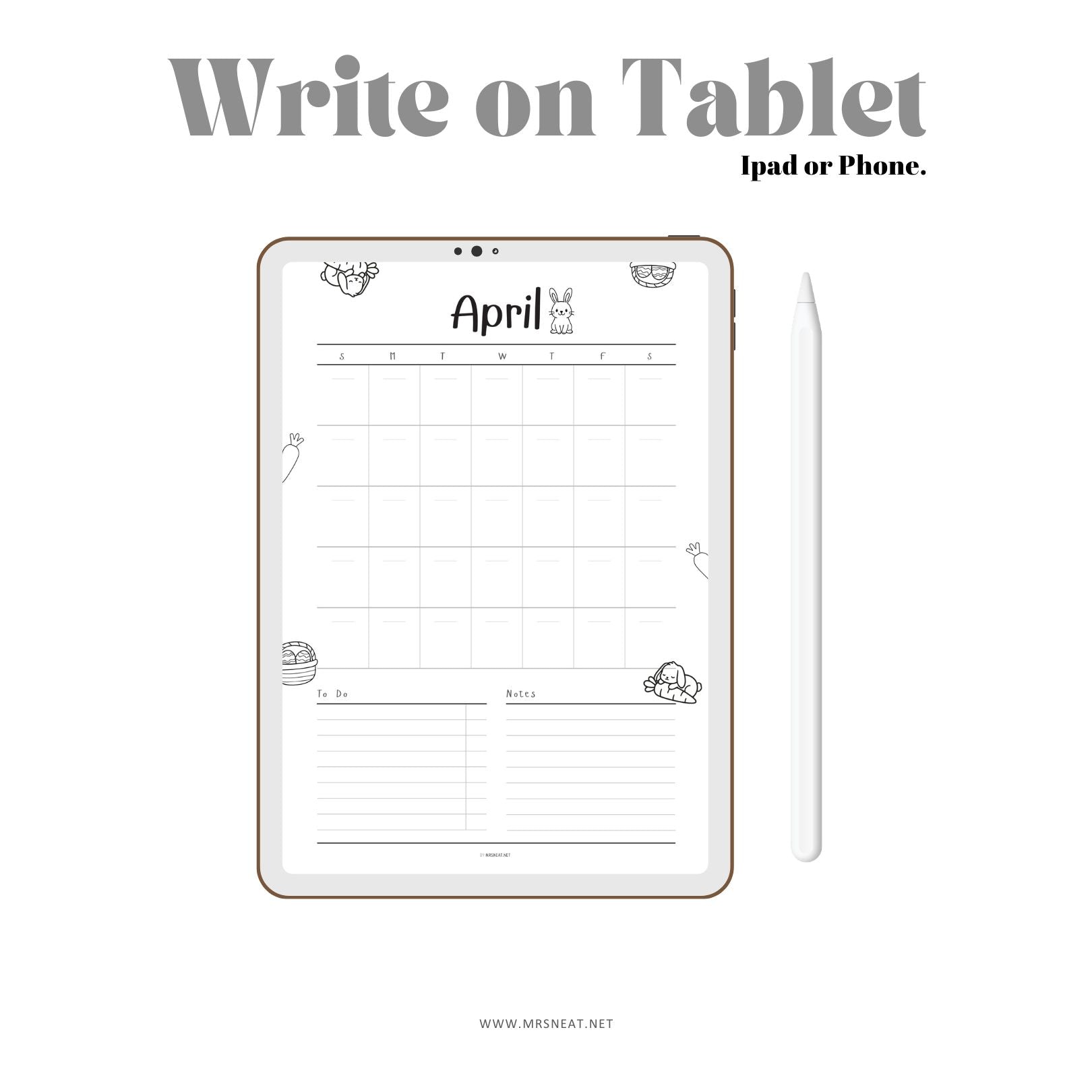 Digital planner app interface on a tablet with 'Write on Tablet' text above.