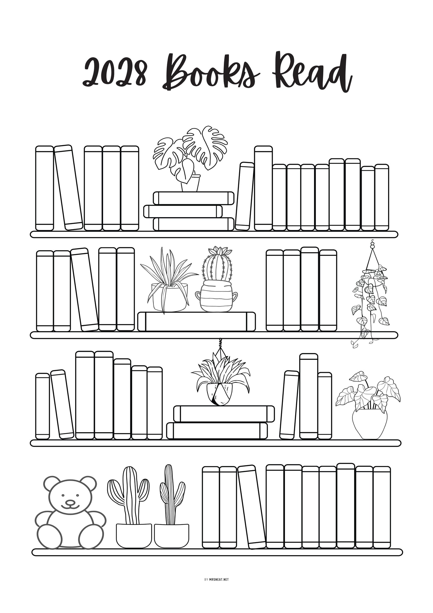 Bookshelf illustration with '2028 Books Read' text on a white background