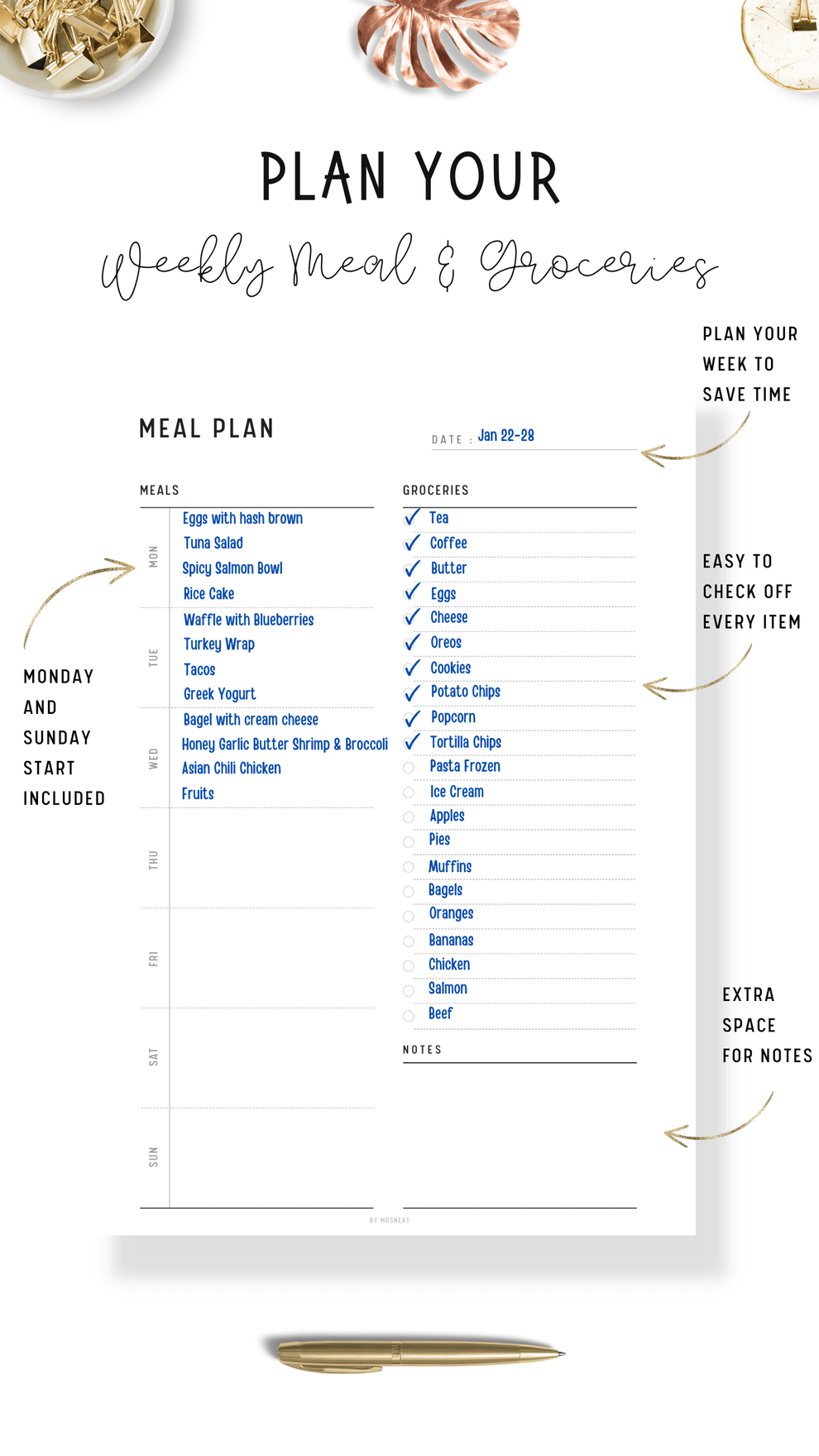 Weekly Meal Planner & Grocery Shopping List Printable - M183 – mrsneat