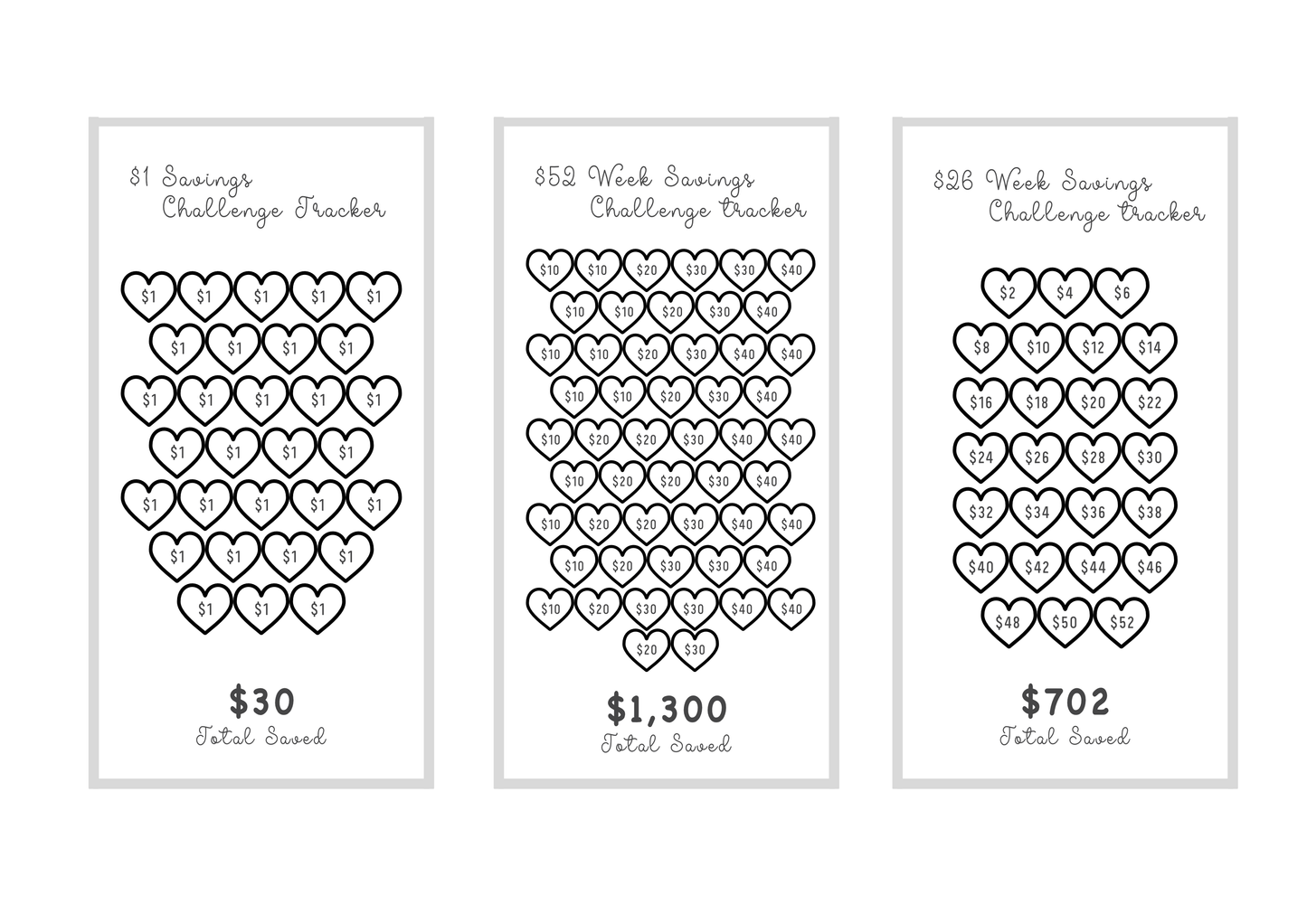 Three savings challenge trackers with heart designs and monetary values on a white background