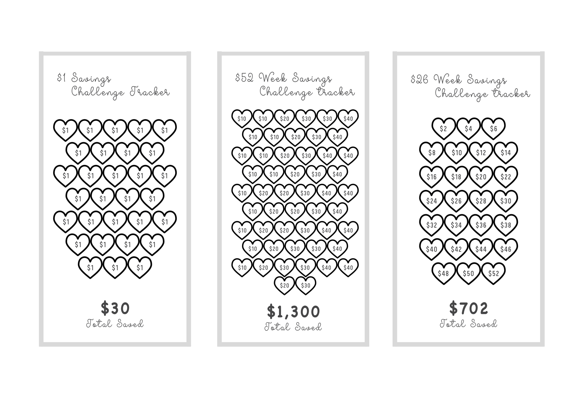 Three savings challenge trackers with heart designs and monetary values on a white background