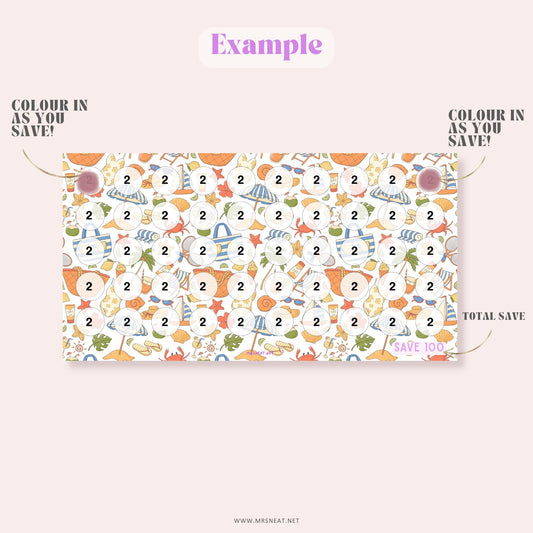 beautiful colorful savings challenge A6 size with summer themed for low income savings tracker, instant download