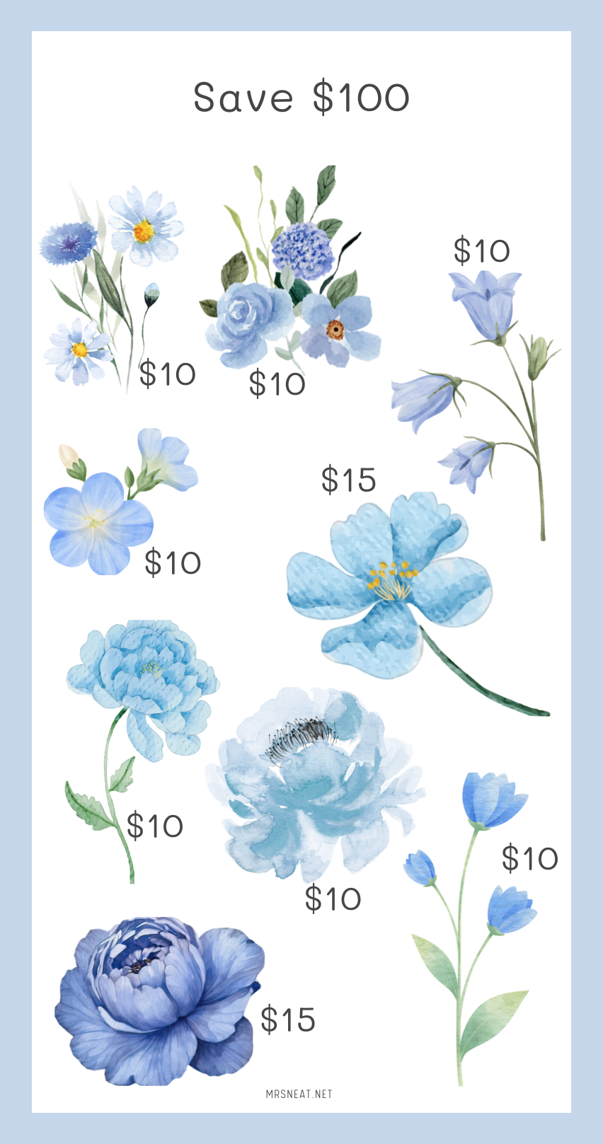 Illustrations of blue flowers with price tags on a light blue background