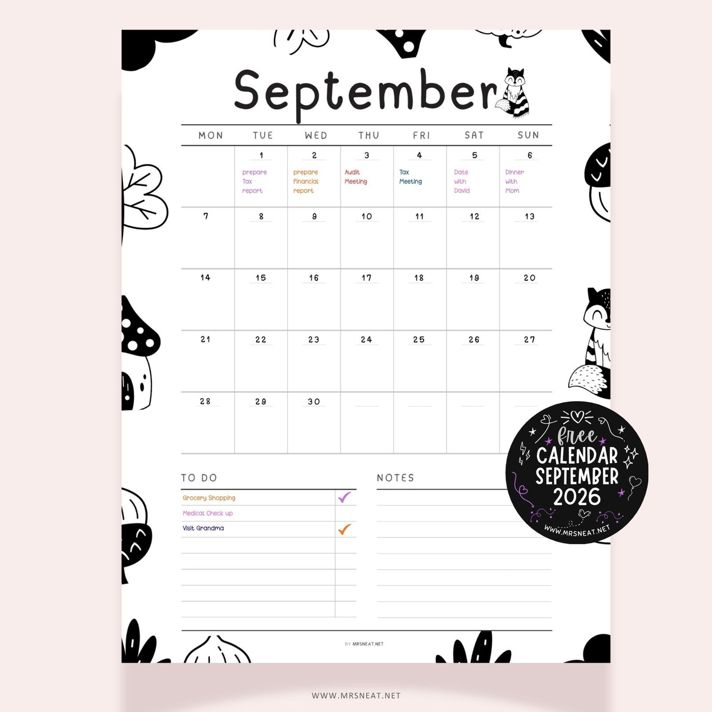 Free September 2026 calendar printable with cute black and white doodle design