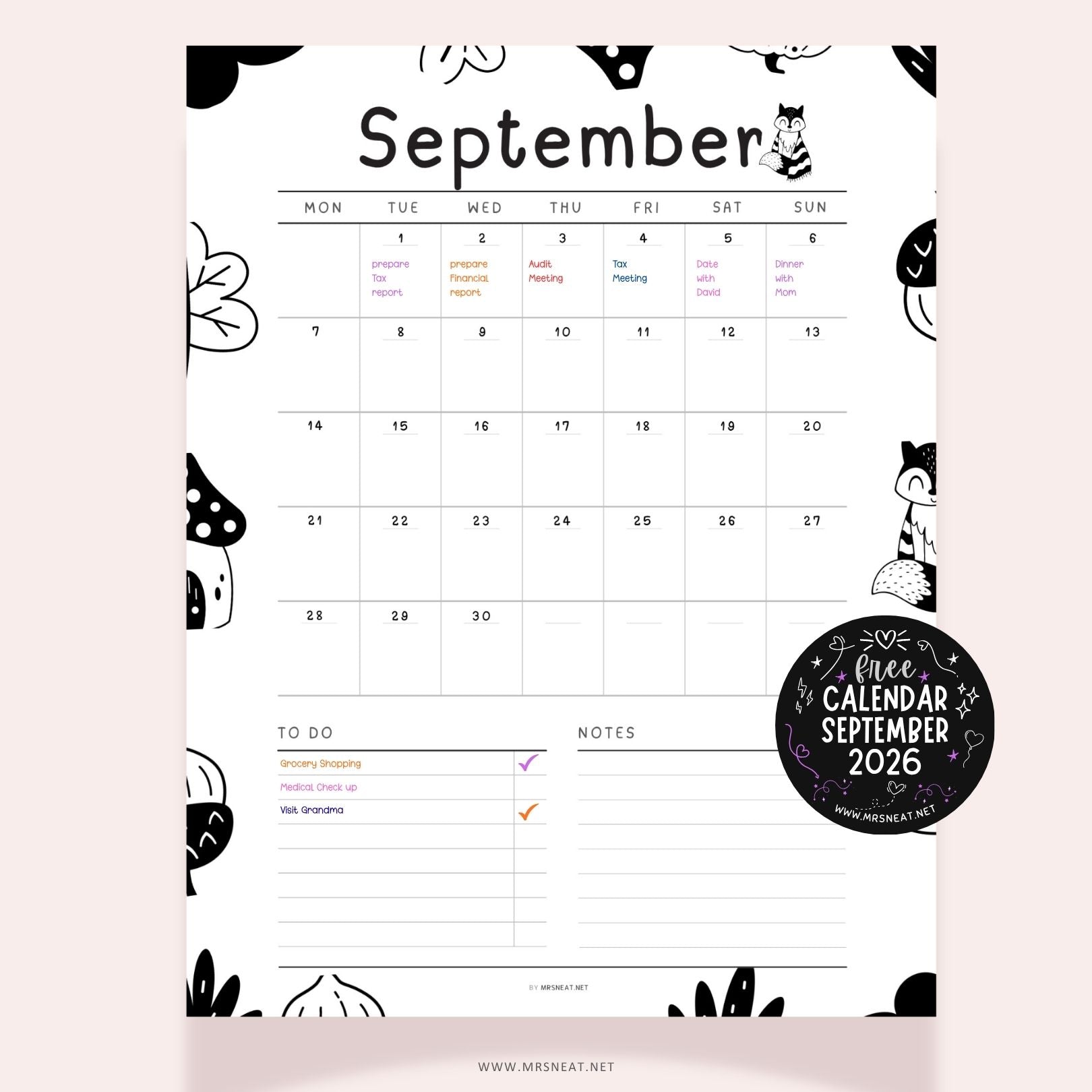 Free September 2026 calendar printable with cute black and white doodle design
