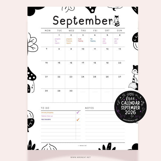 Free September 2026 calendar printable with cute black and white doodle design