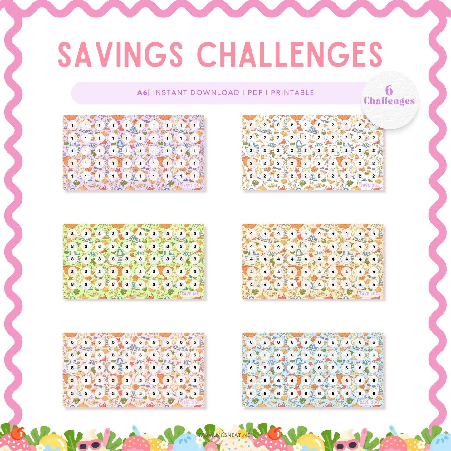 set of six beautiful savings challenge A6 size with summer themed for low income budget tracker, digital download