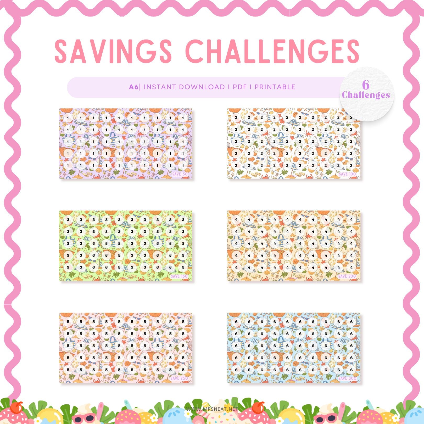 set of six beautiful savings challenge A6 size with summer themed for low income budget tracker, digital download