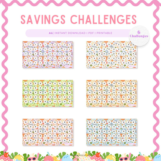 set of six beautiful savings challenge A6 size with summer themed for low income budget tracker, digital download