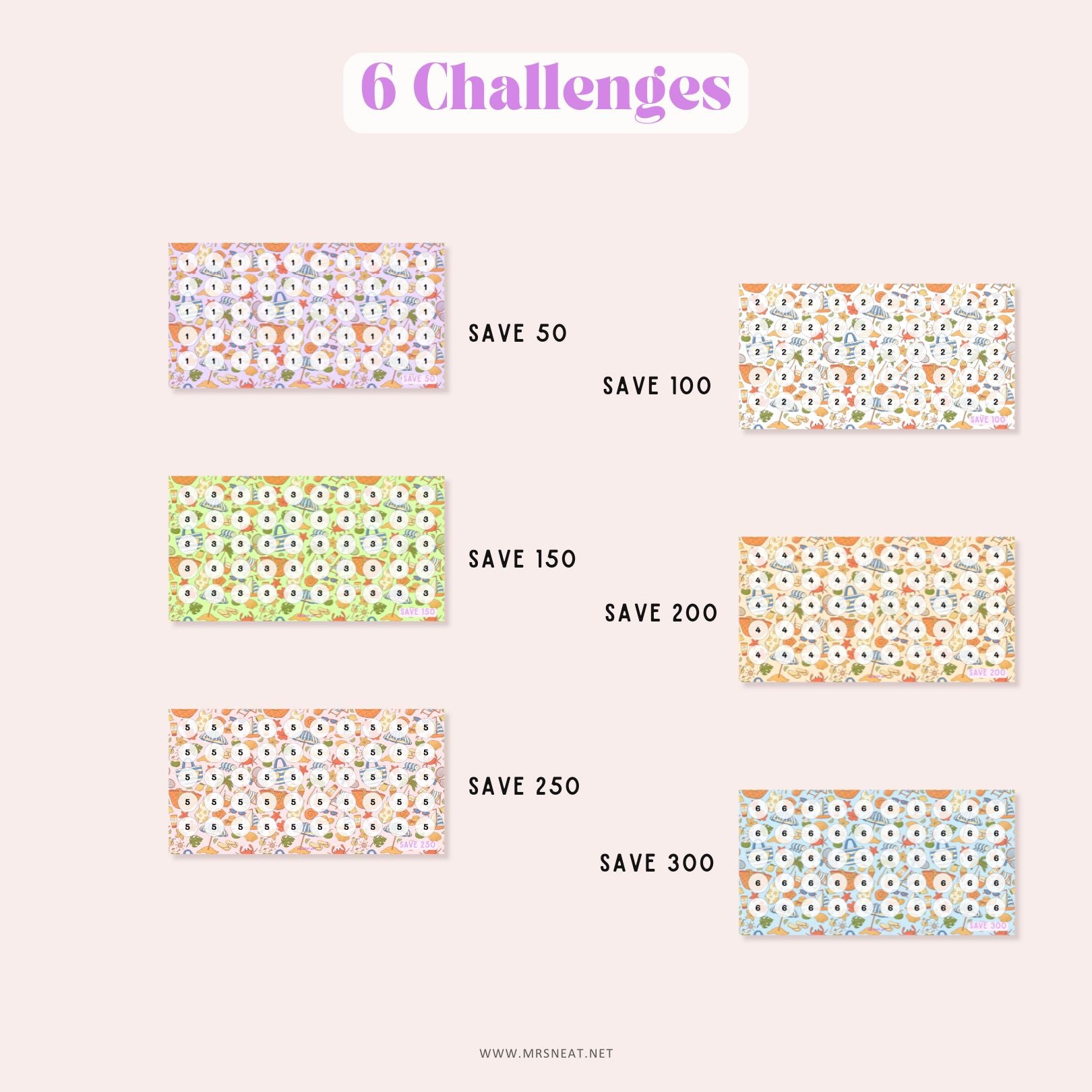 set of six cute colorful savings challenge A6 size with summer themed for low income budget tracker, with 6 savings goals : save 50, 100, 150, 200, 250 and 300