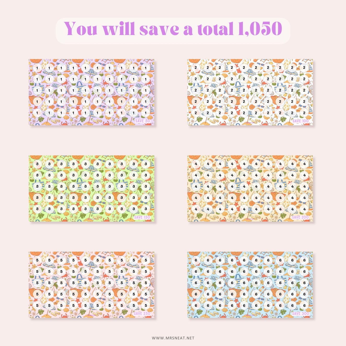 set of six cute savings challenge A6 size with summer themed for low income money tracker with total save 1050