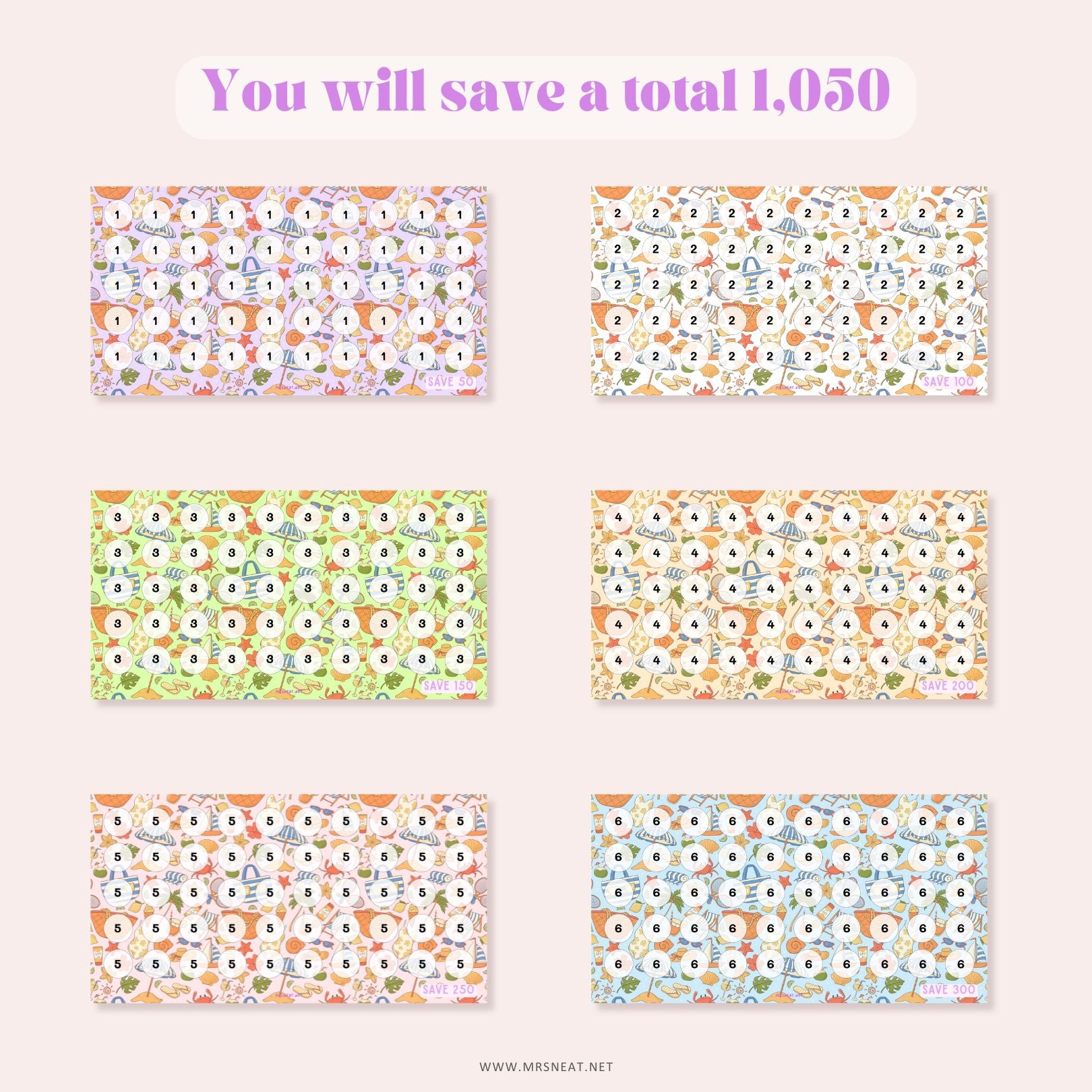 set of six cute savings challenge A6 size with summer themed for low income money tracker with total save 1050