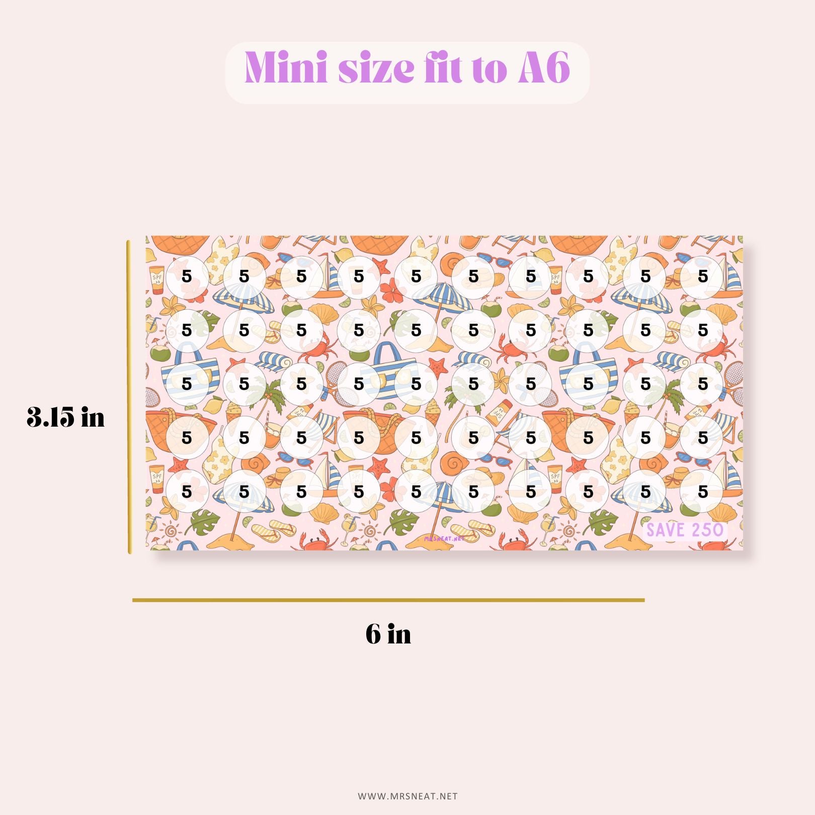 Cute pink pastel savings challenge A6 size with summer themed for low income budget tracker binder