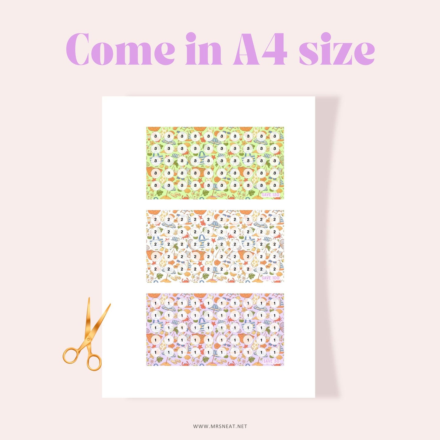 set of three beautiful savings challenge A6 size with summer themed for low income budget tracker in A4 size