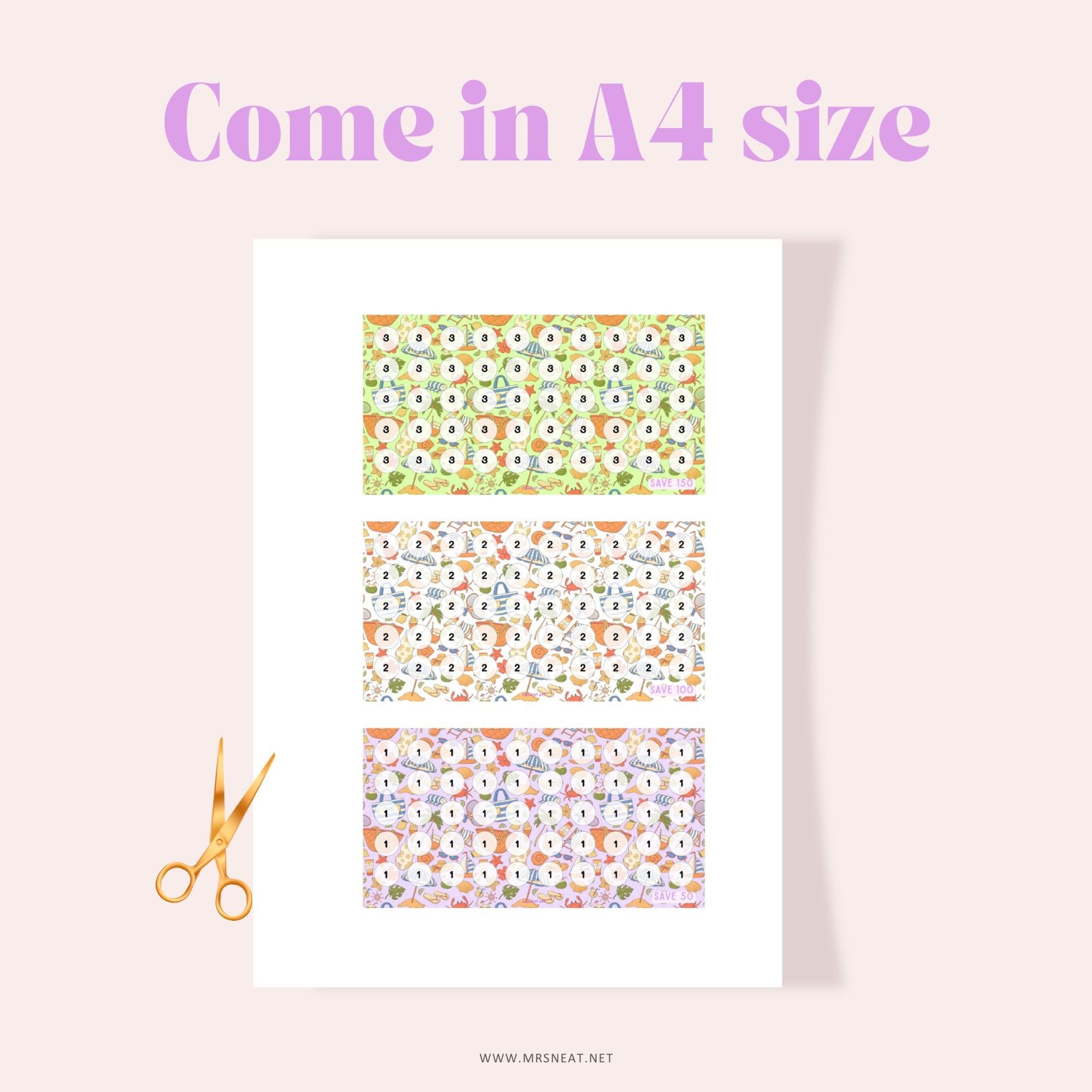 set of three beautiful savings challenge A6 size with summer themed for low income budget tracker in A4 size