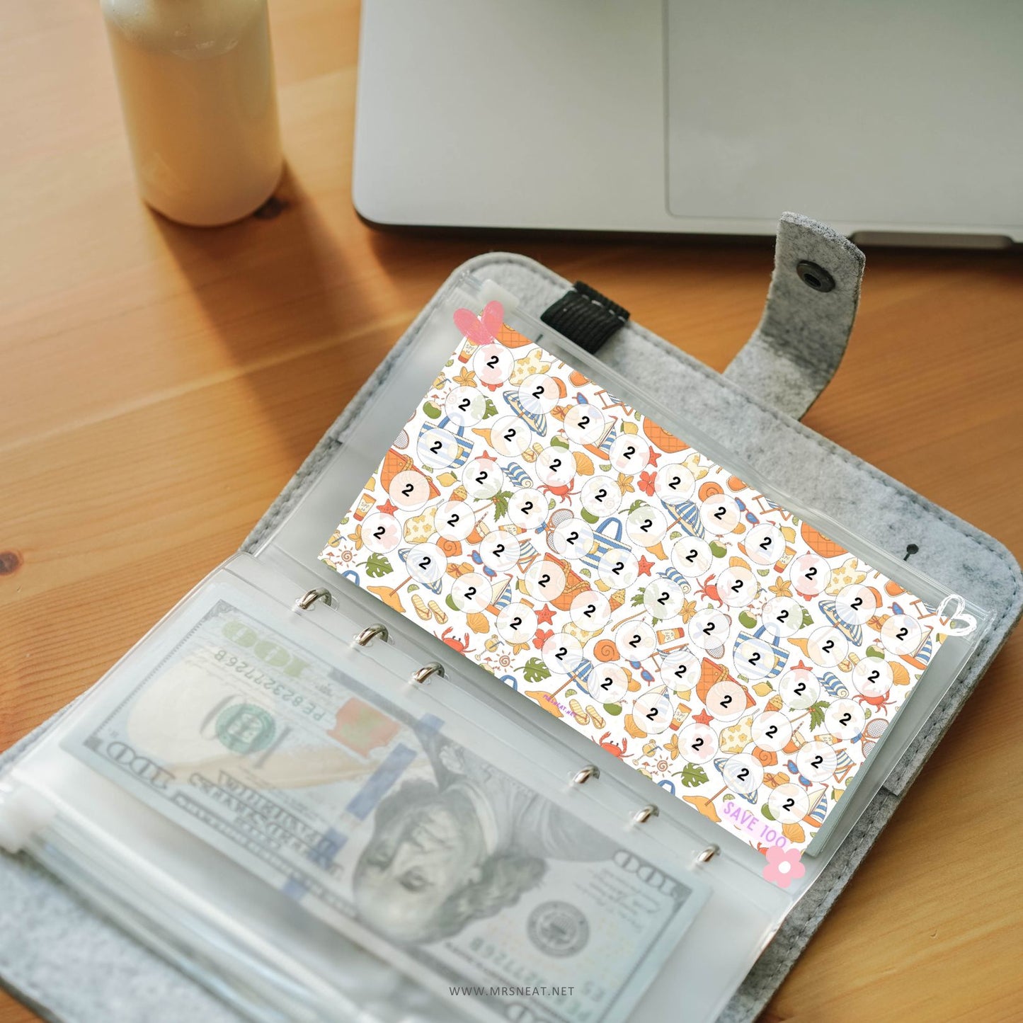 Adorable savings challenge printable A6 size with summer themed for low income savings tracker, instant download