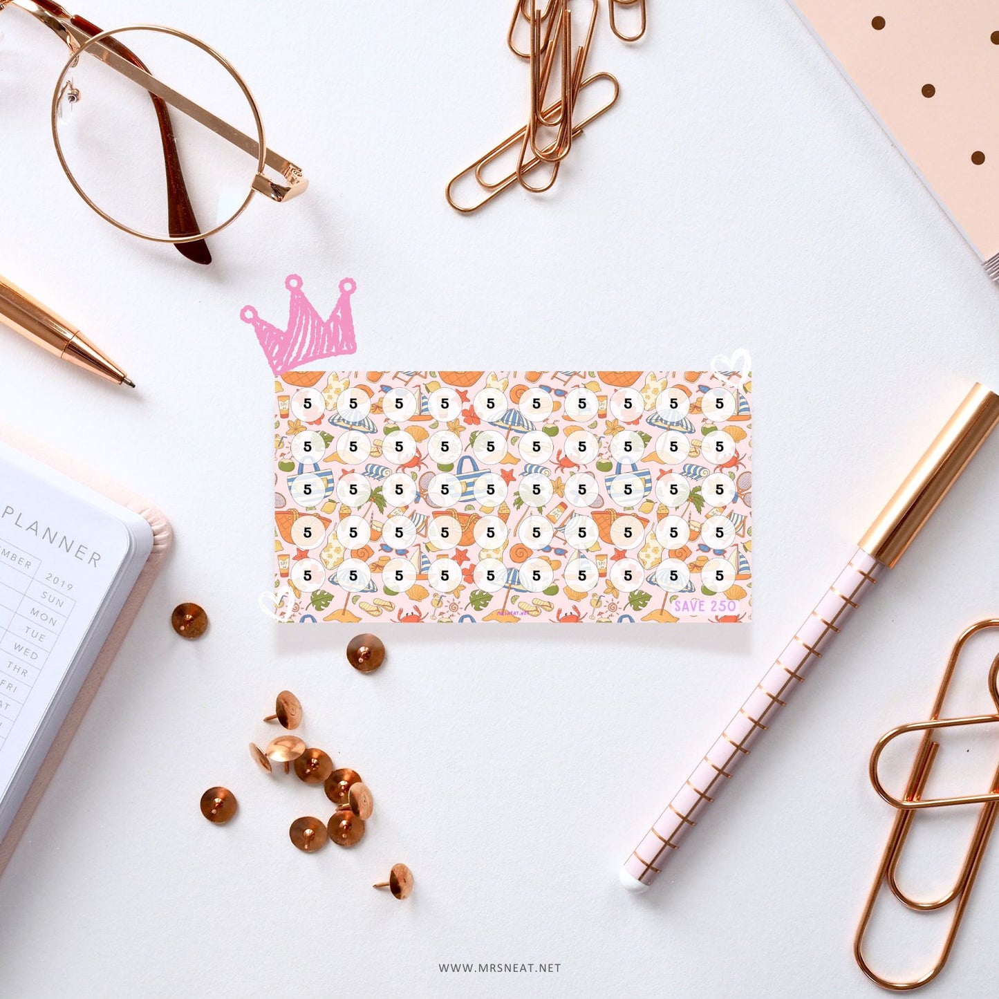 Cute soft pink savings challenge printable A6 size with summer themed for low income money tracker, instant download