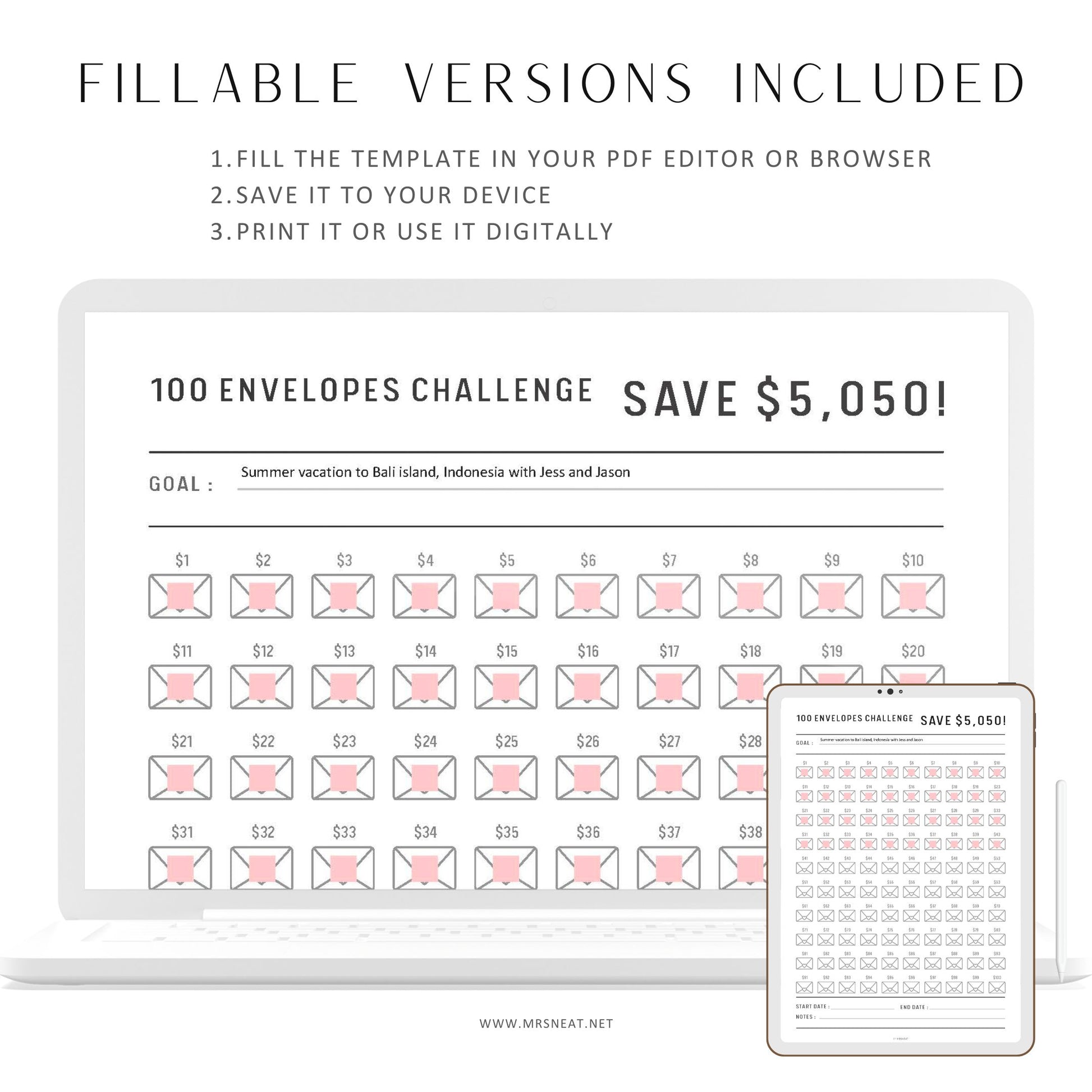 5050 Savings Challenge Printable, 100 Envelope Challenge, Fillable Saving Tracker, No Spending Challenge, PDF, A4, A5, Half Letter, Letter