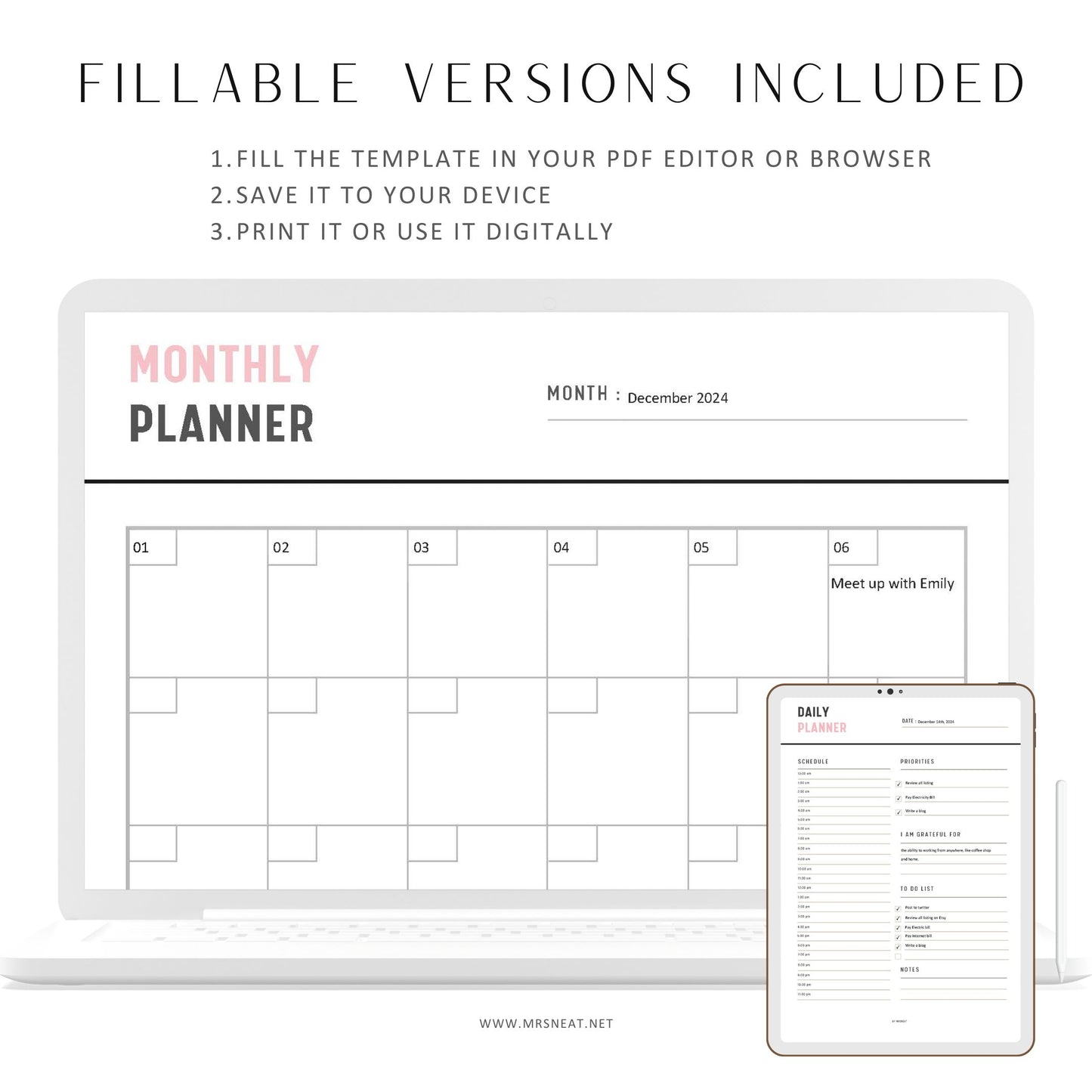 Fillable Planner Bundle Set, Daily Weekly Monthly Planner, To Do List, Notes, Basic Journal, Productivity Planner Set, Monthly Set Planner