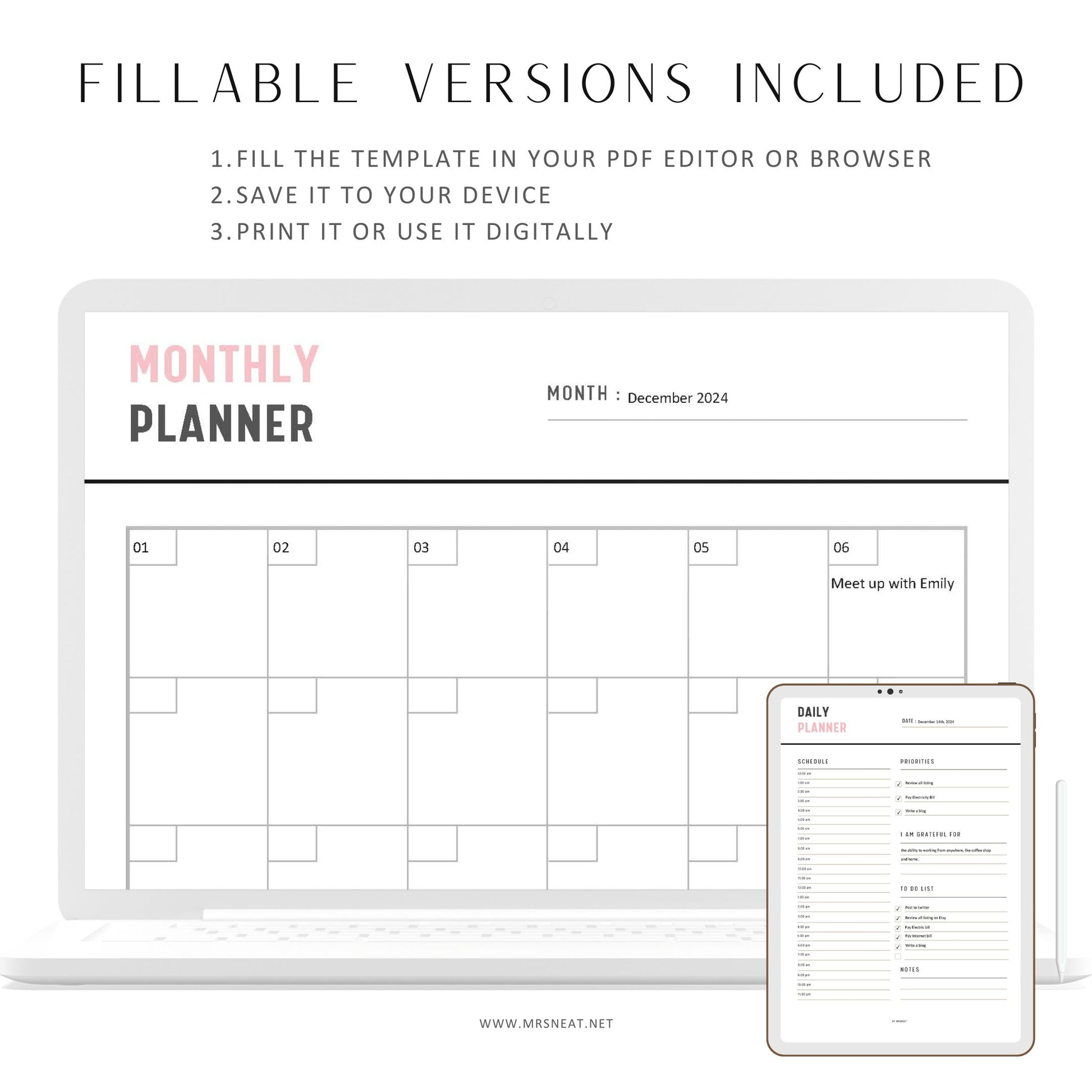 Fillable Planner Bundle Set, Daily Weekly Monthly Planner, To Do List, Notes, Basic Journal, Productivity Planner Set, Monthly Set Planner