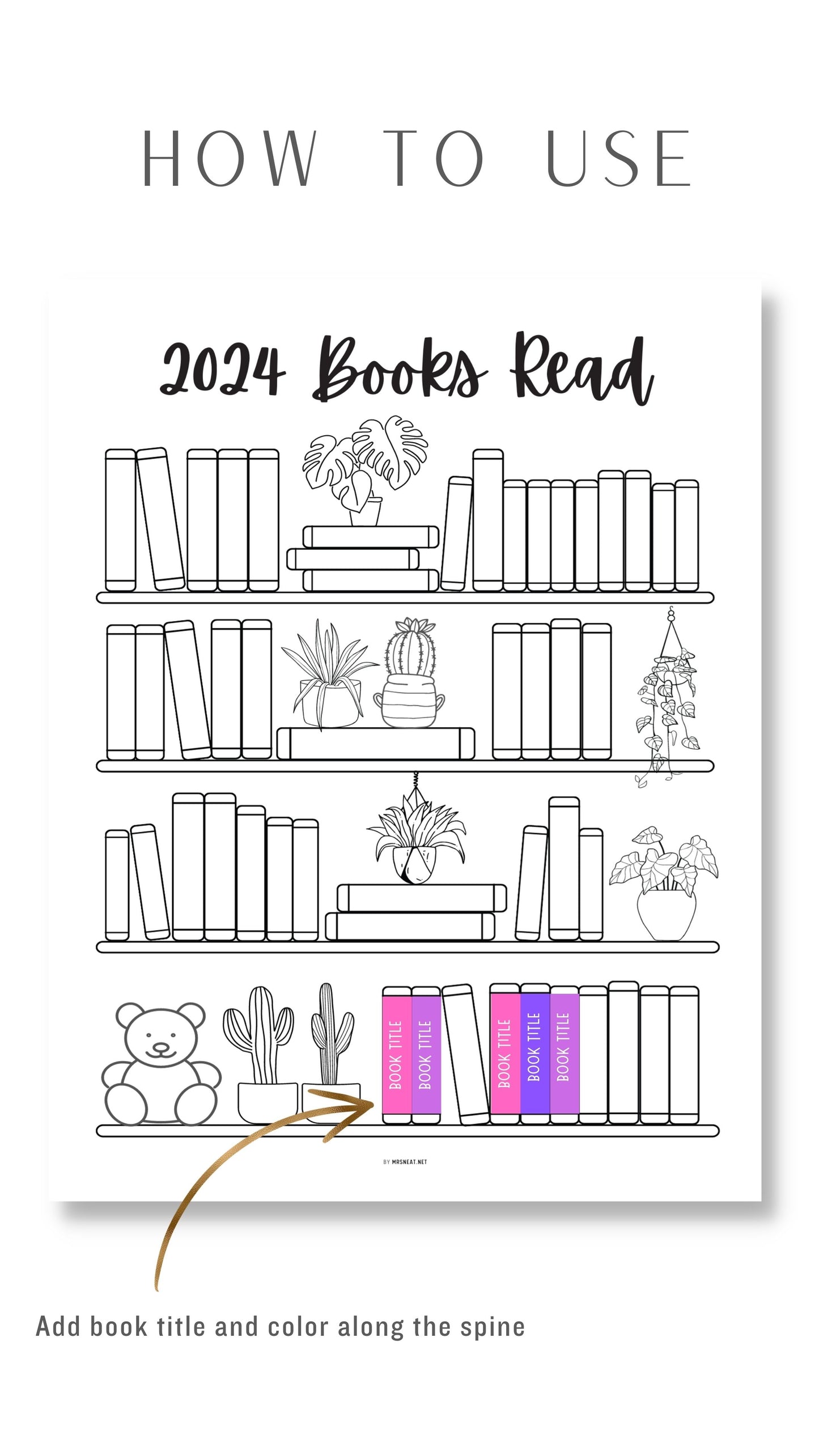 2024 Bookshelf Reading Tracker Printable - 50 Books