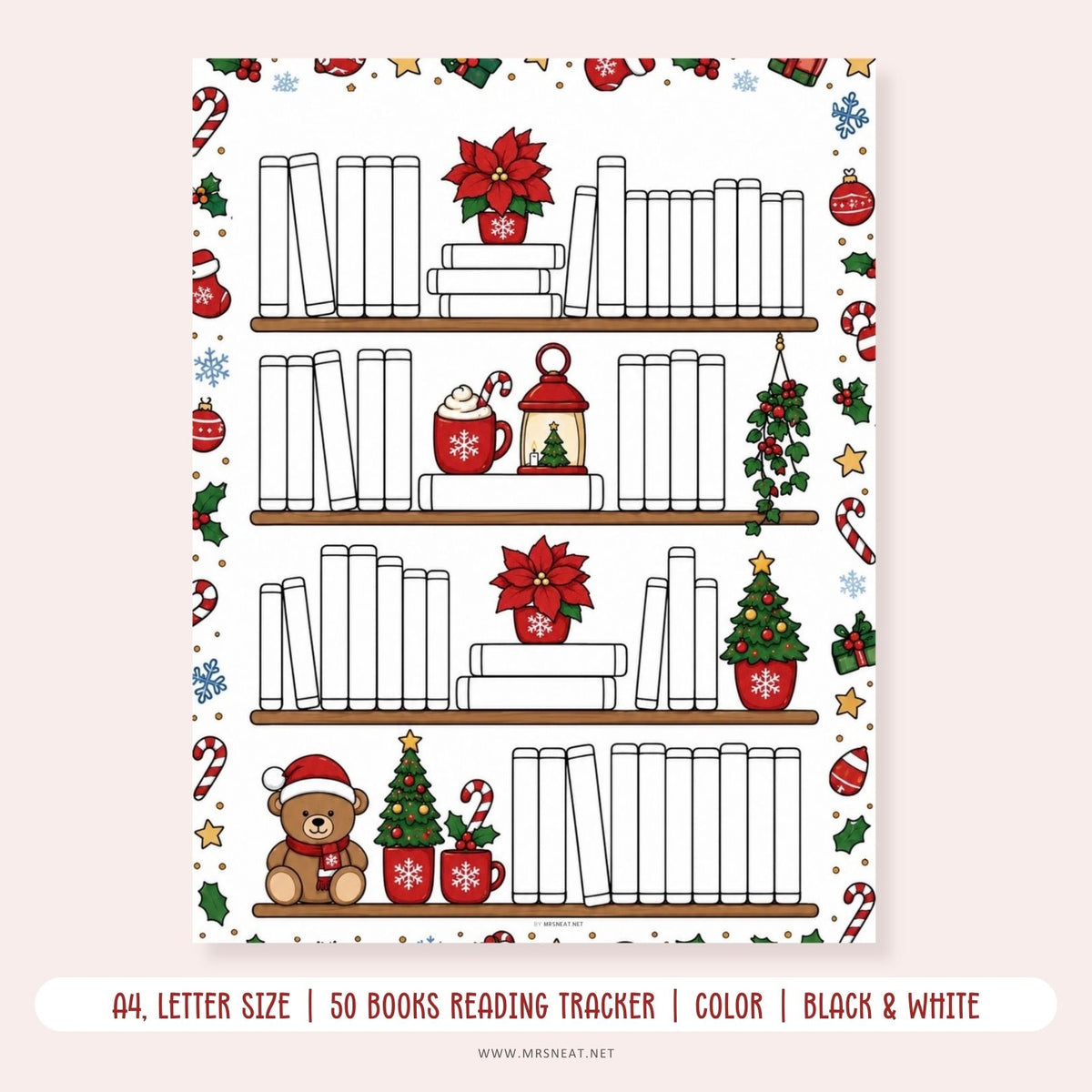 Christmas Bookshelf Reading Tracker printable for a 50 books reading challenge with a festive holiday bookshelf design