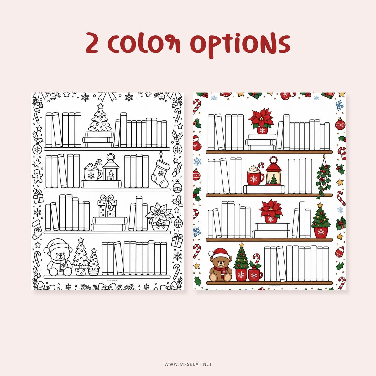 Christmas reading tracker printable featuring a festive bookshelf with 50 spaces for tracking books and reading goals