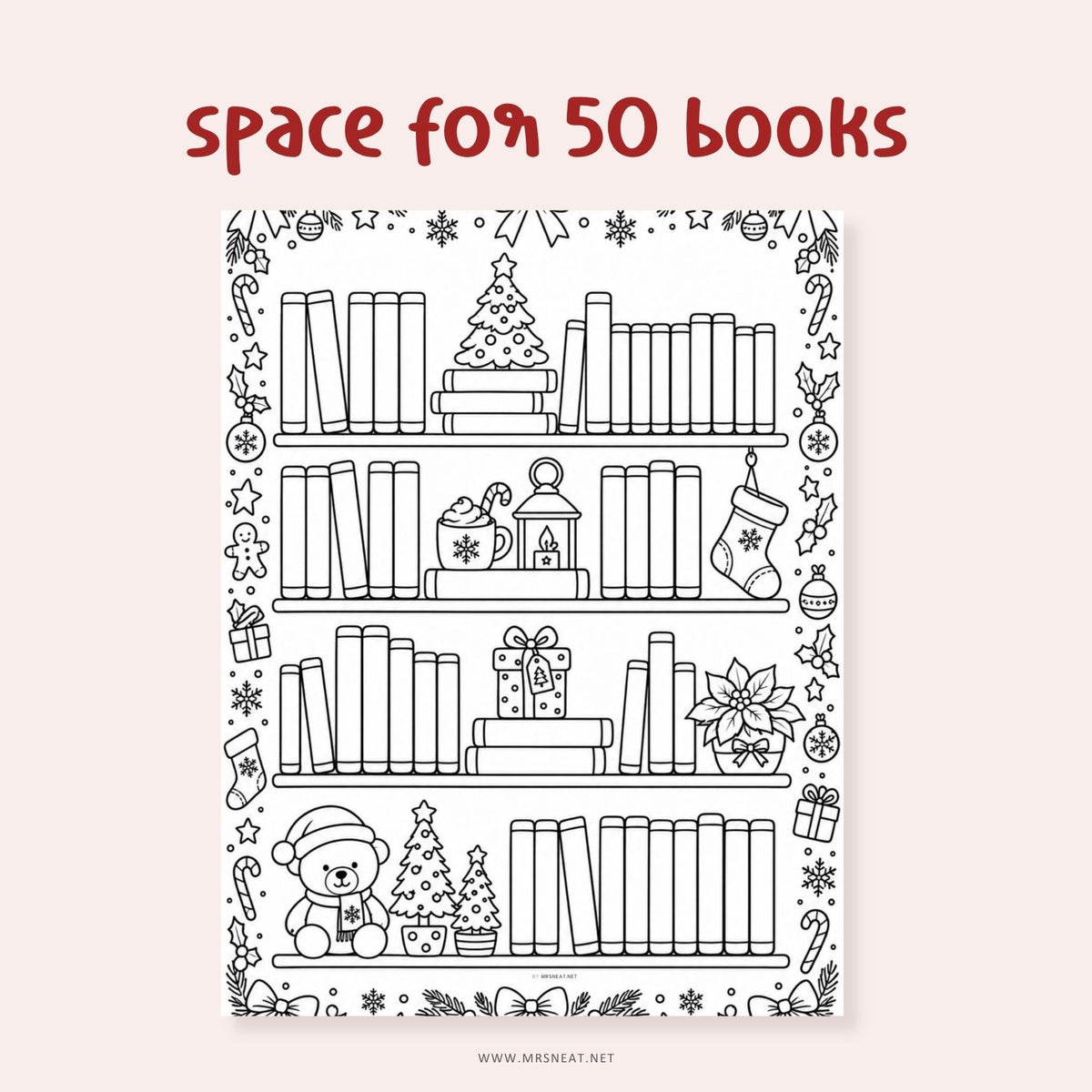 50 books reading tracker printable for a Christmas reading challenge, holiday TBR, and cozy winter reading goals