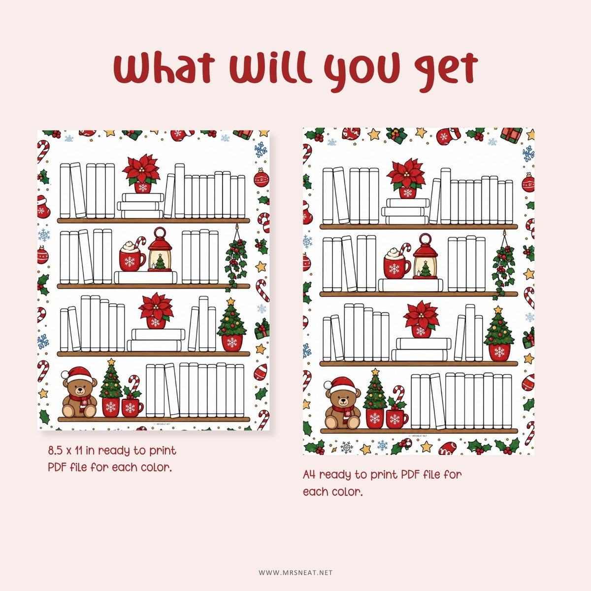 Christmas book tracker printable with a festive bookshelf design for tracking books during the holiday reading season