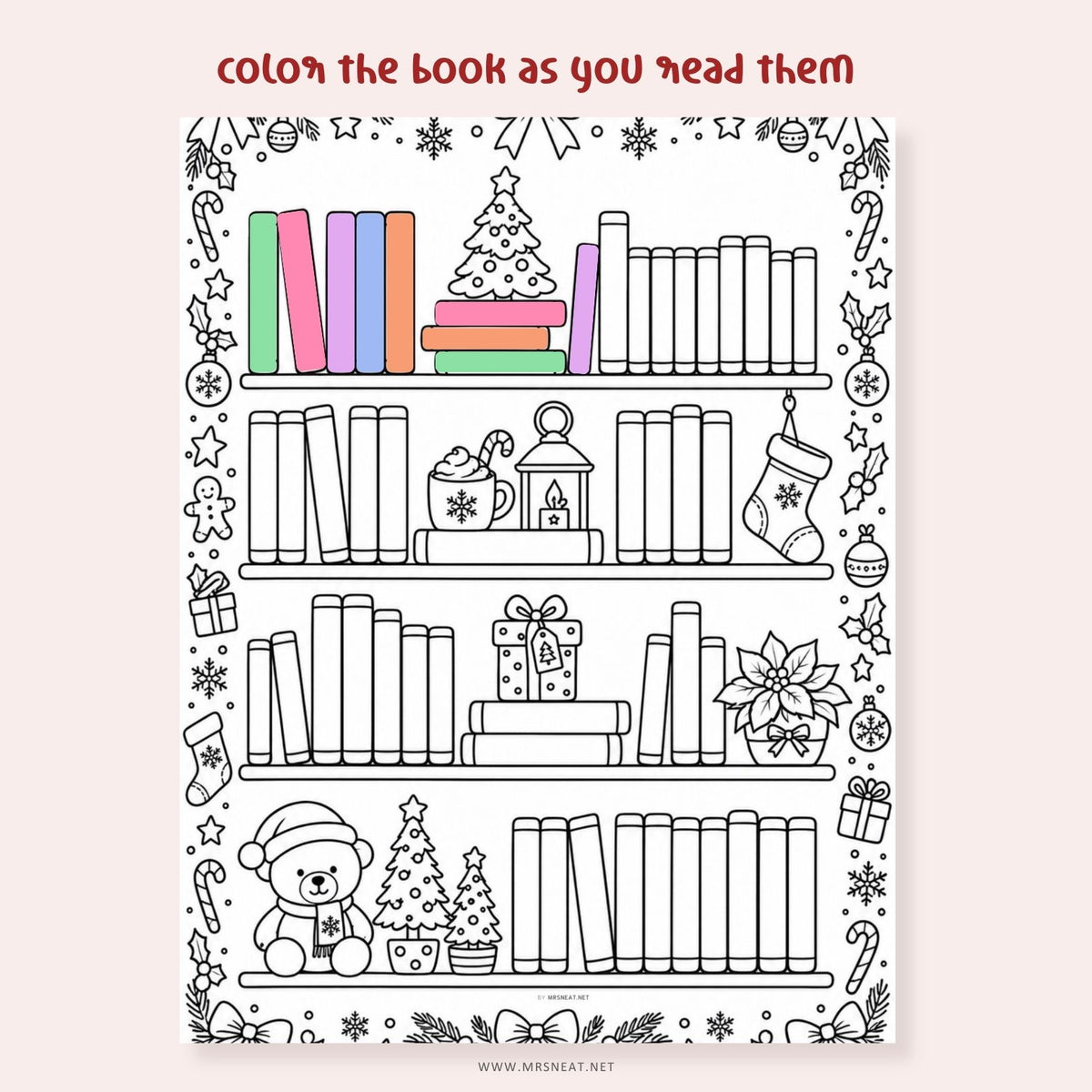 Holiday reading tracker and Christmas reading challenge printable featuring 50 book spaces for book lovers