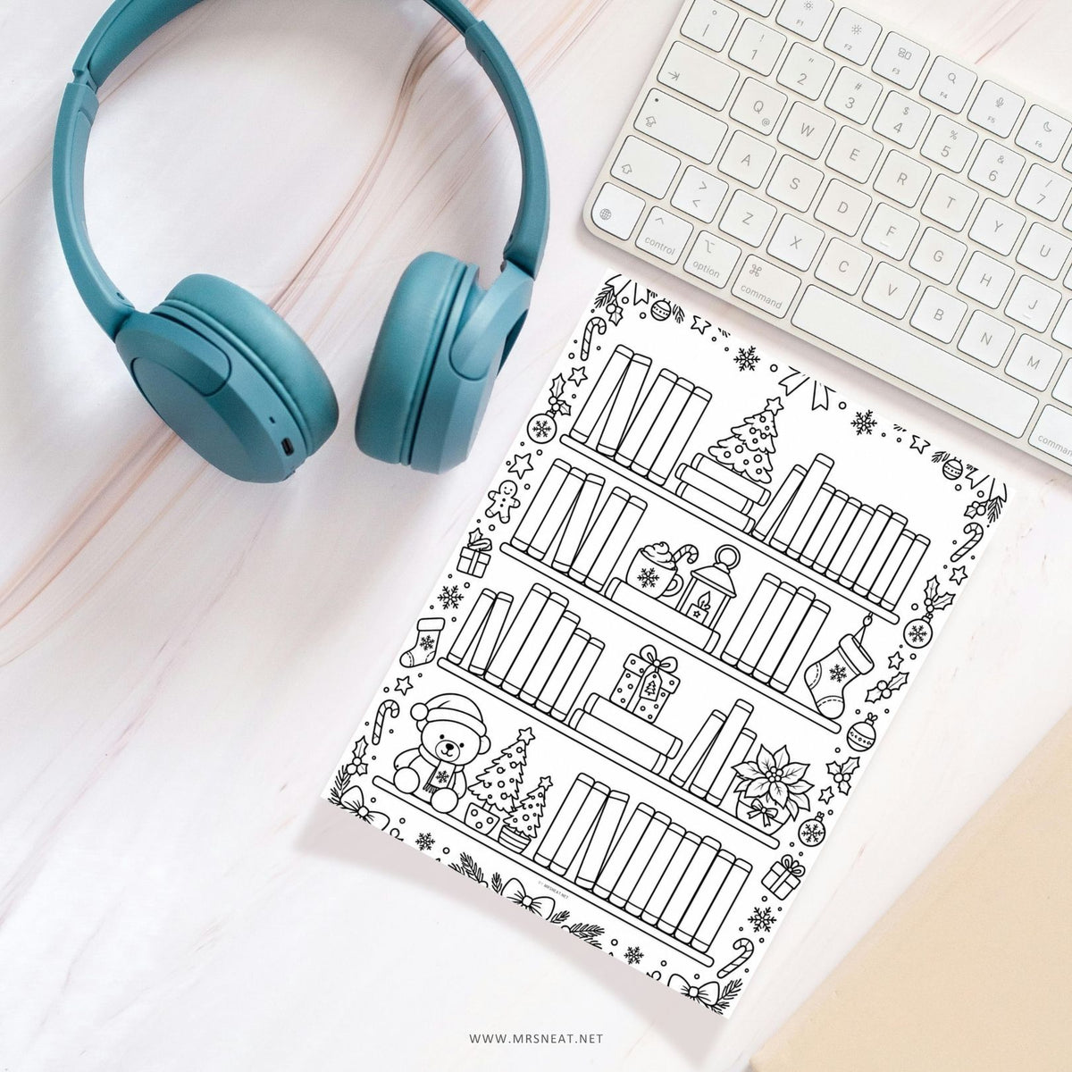 Bookshelf reading tracker printable in color and black and white with A4 and Letter sizes for a Christmas reading challenge