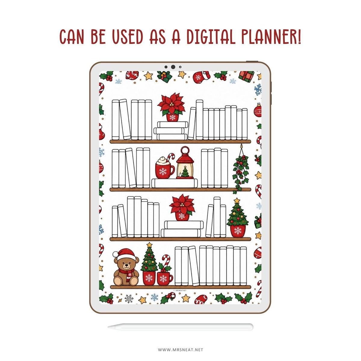 Digital reading tracker with a Christmas bookshelf design for tracking 50 books on a tablet with a stylus