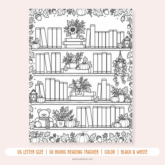 Fall Bookshelf Reading Tracker printable for a 50 books reading challenge with a cozy autumn bookshelf design