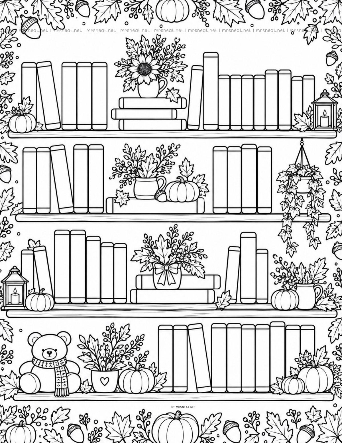 Bookshelf reading tracker printable in black and white for a 50 books fall reading challenge