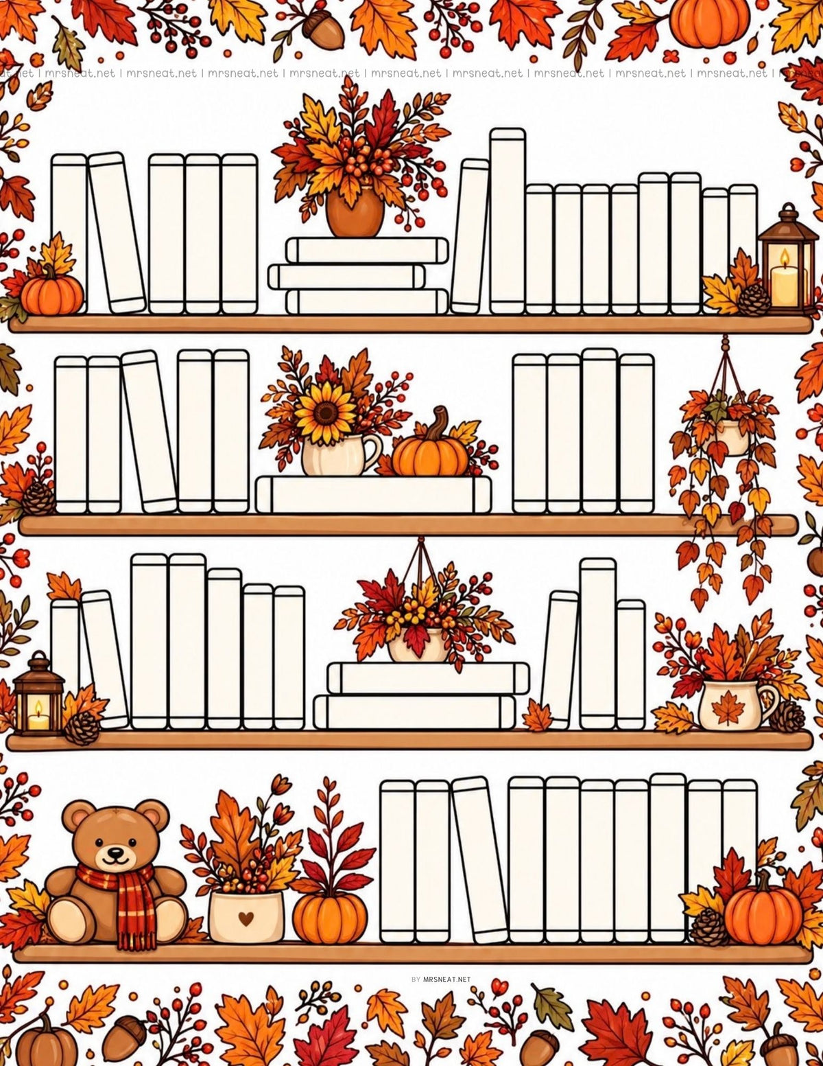 Colorful Bookshelf reading tracker printable in color for a 50 books fall reading challenge