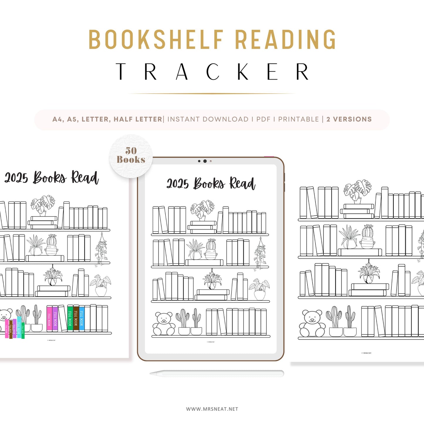 Bookshelf Reading Tracker Printable, 2025 Books Read, 50 Books Read, PDF, A4, A5, Letter, Half Letter, Dated and Undated, 2 Versions