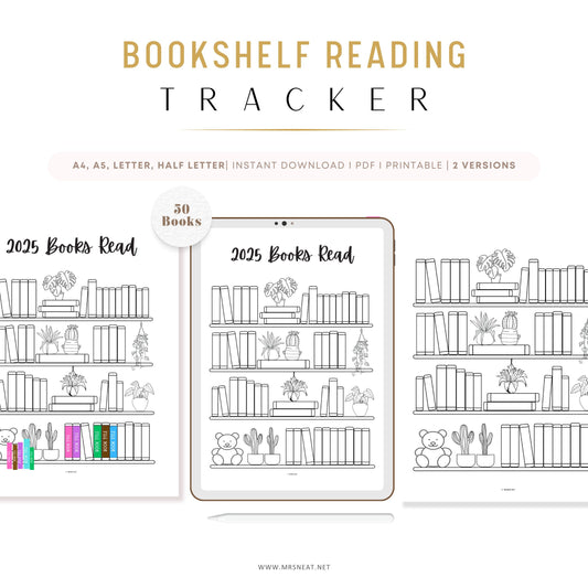 Bookshelf Reading Tracker Printable, 2025 Books Read, 50 Books Read, PDF, A4, A5, Letter, Half Letter, Dated and Undated, 2 Versions