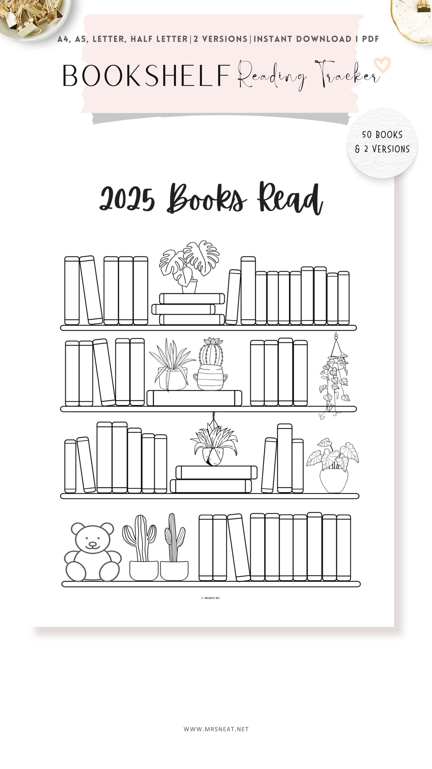 Bookshelf Reading Tracker Printable, 2025 Books Read, 50 Books Read, PDF, A4, A5, Letter, Half Letter, Dated and Undated, 2 Versions