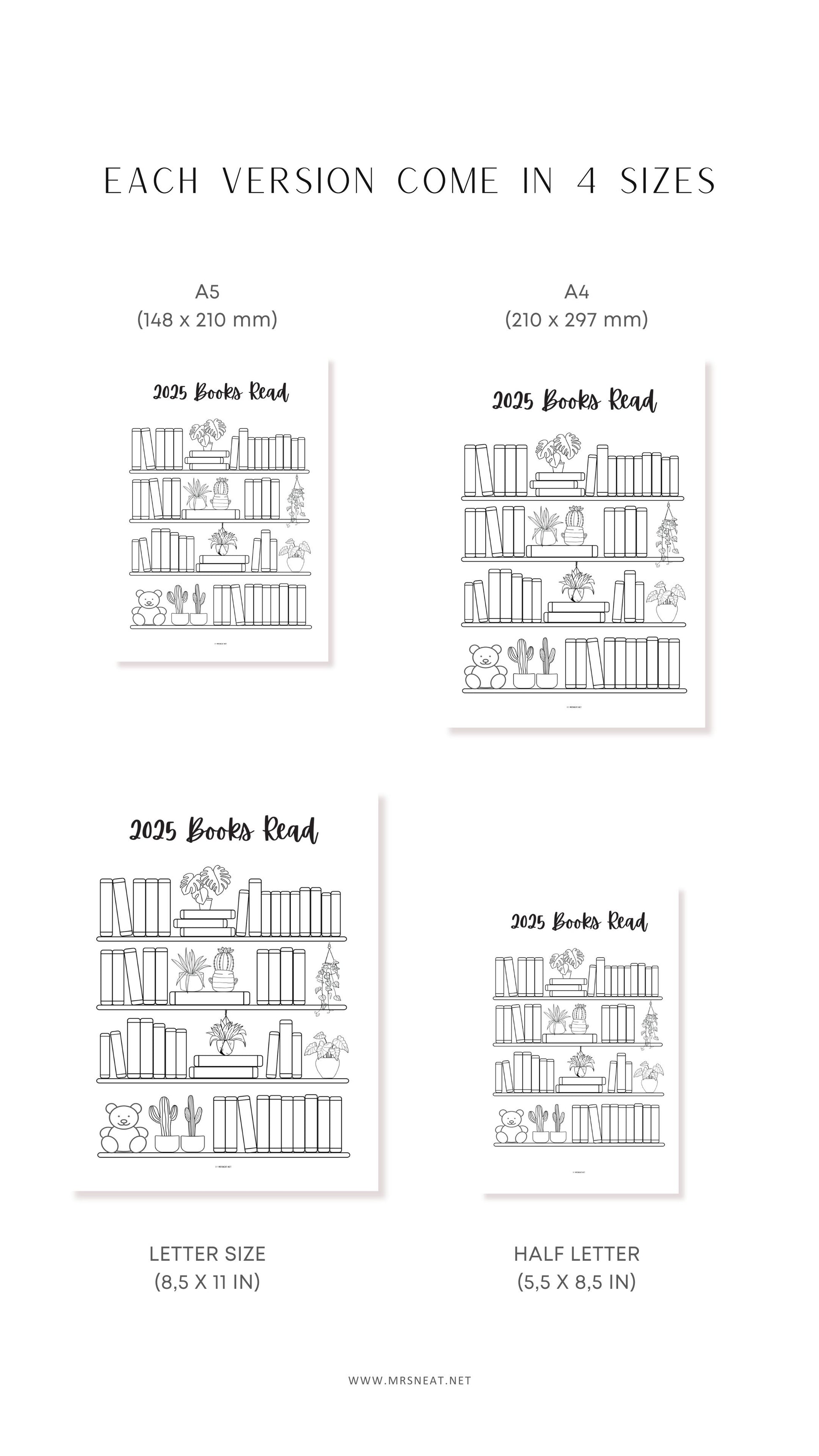 Bookshelf Reading Tracker Printable, 2025 Books Read, 50 Books Read, PDF, A4, A5, Letter, Half Letter, Dated and Undated, 2 Versions