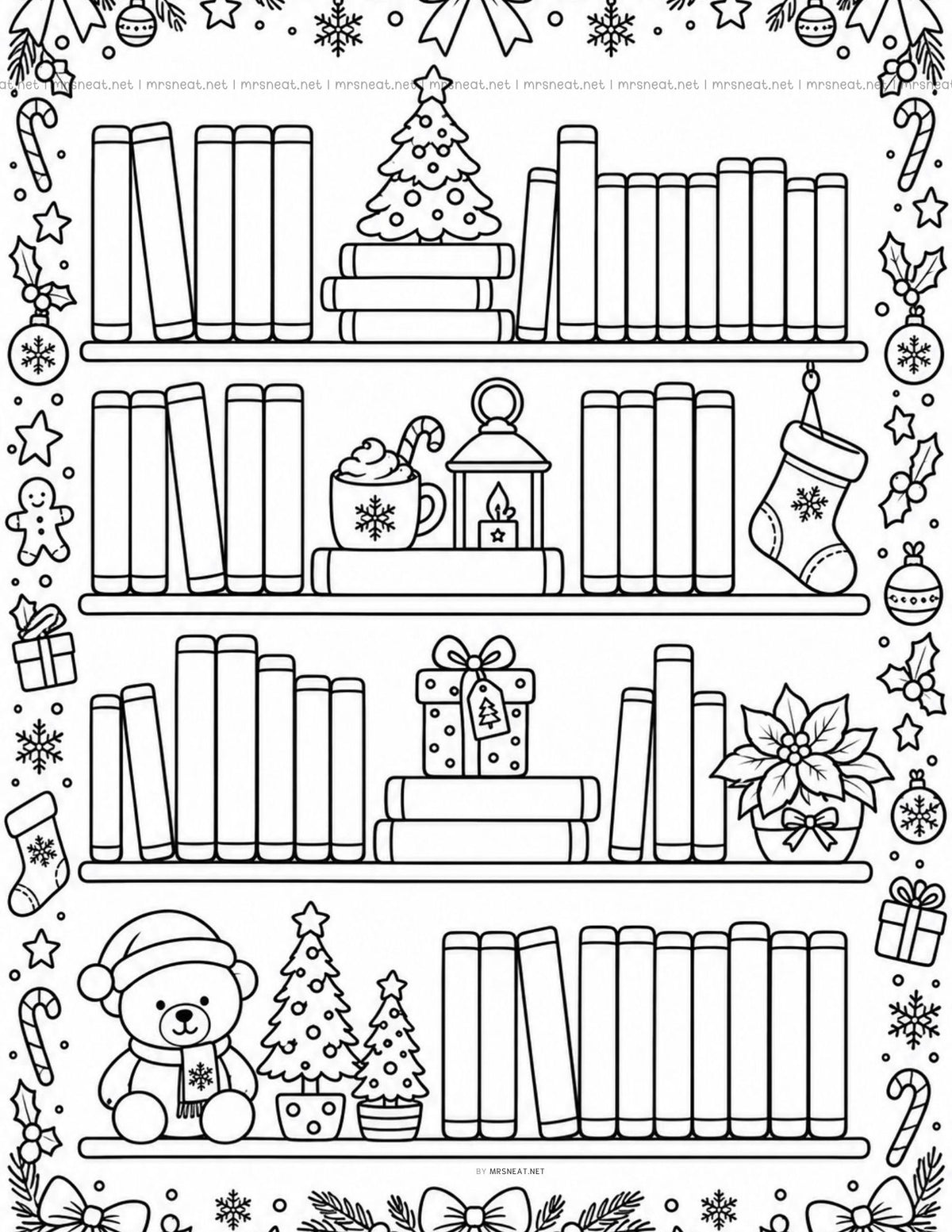 Black and white Christmas bookshelves reading tracker with books, a Christmas tree, stockings, candy canes, ornaments, a teddy bear in a Santa hat, and holiday decorations.