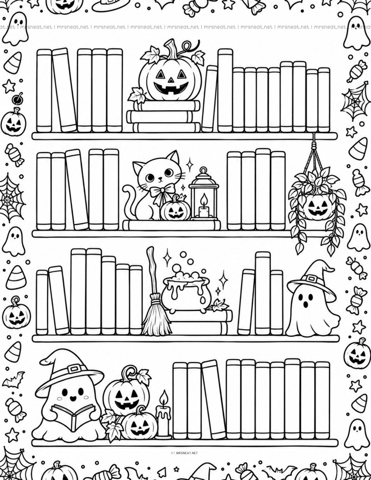 Black and White Spooky reading tracker printable for bookworms with a Halloween-themed bookshelf and 50 book spaces