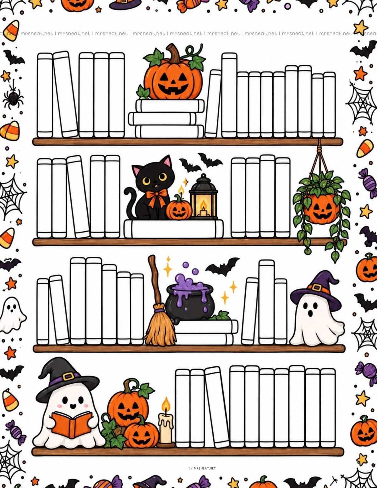 Colorful Spooky reading tracker printable for bookworms with a Halloween-themed bookshelf and 50 book spaces