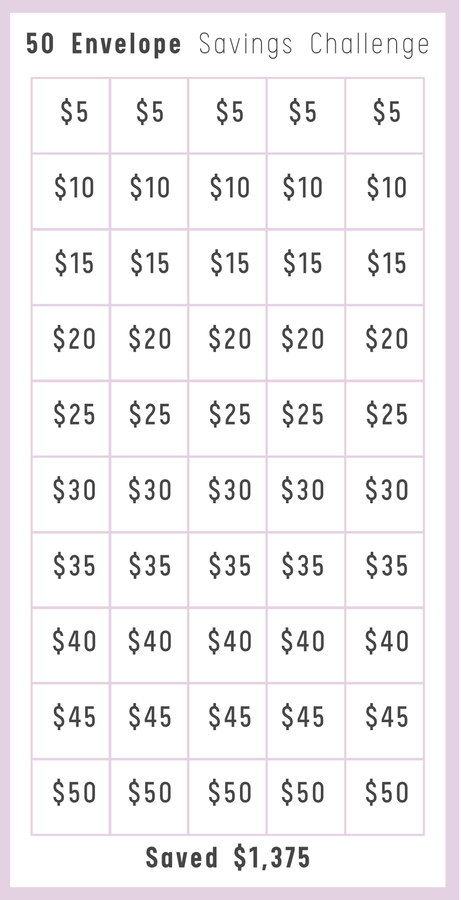 50 Envelope Savings Challenge chart with amounts from $5 to $50 on a purple background.