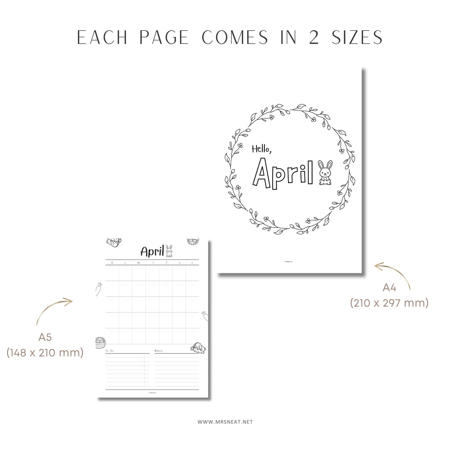 Two sizes of a planner page design with 'Hello, April' text and rabbit illustration.