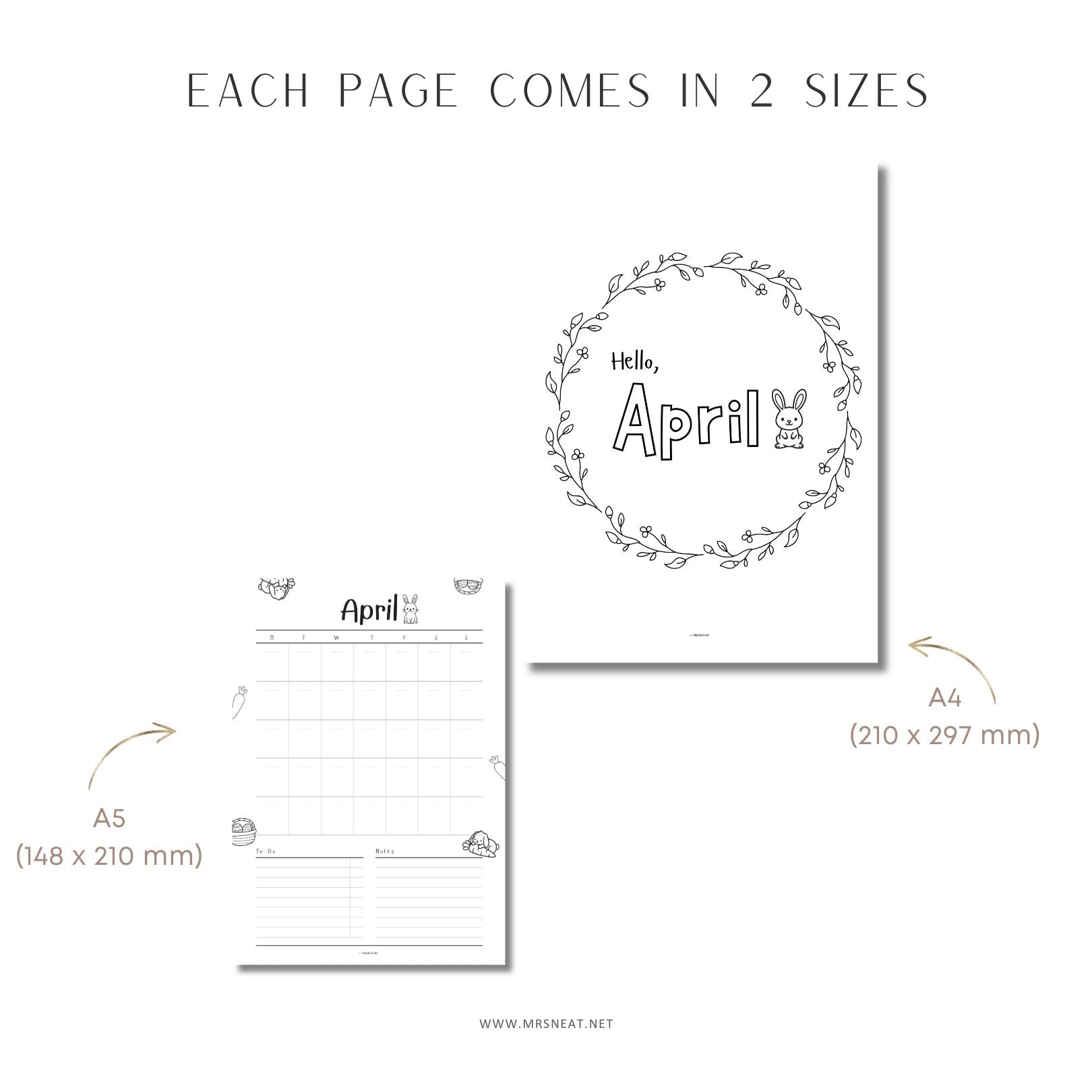 Two sizes of a planner page design with 'Hello, April' text and rabbit illustration.