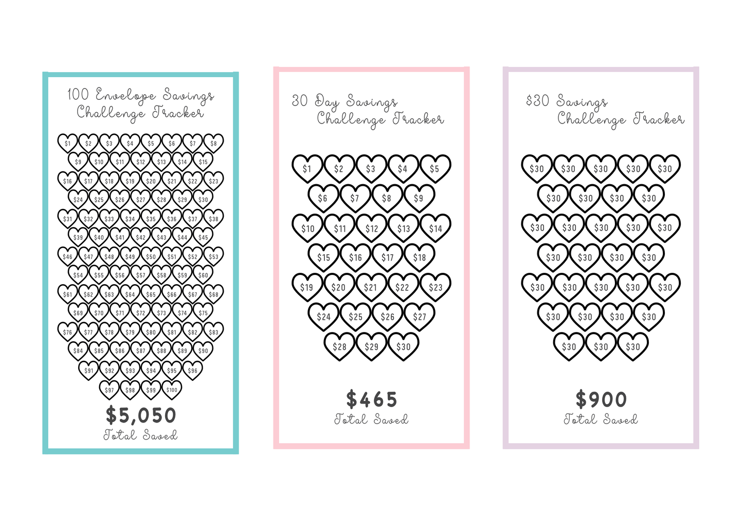 Three savings tracker charts with heart designs on a white background