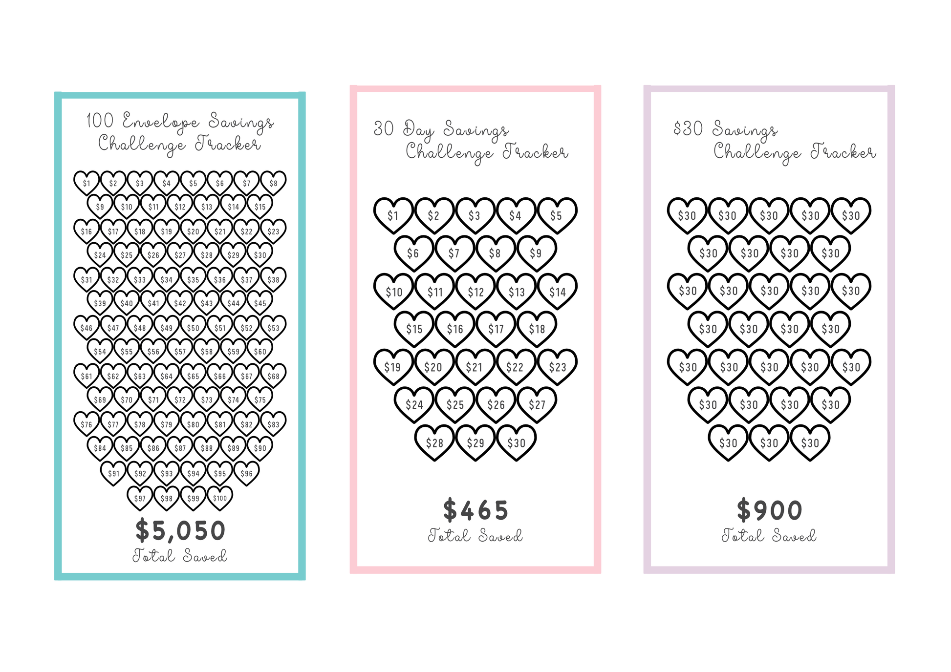 Three savings tracker charts with heart designs on a white background
